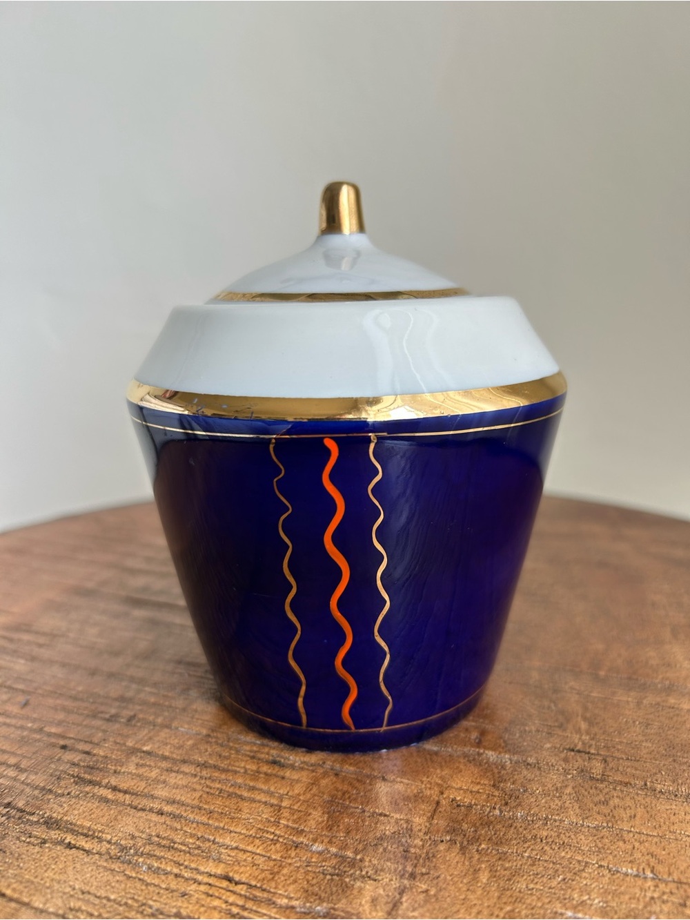 Art Deco Blue and White Porcelain Lidded Jar with Gold Trim